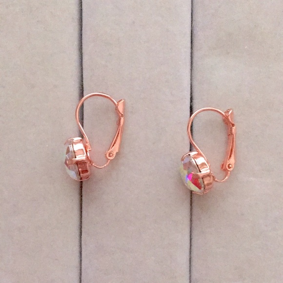 Aurora Borealis + Rose Gold Cushion Cut Crystal Drop Earrings - Picture 9 of 12